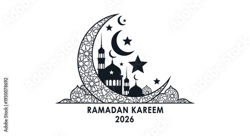 An intricate black islamic crescent moon and stars design with a mosque and greeting silhouette high quality professional