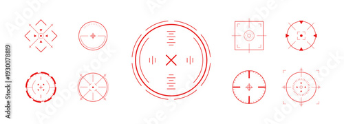 Crosshair Hud red. Shooting target icons. Gaming Hud or tech interface with futuristic design. Military precision for Sci Fi and combat projects. Flat Vector illustration.