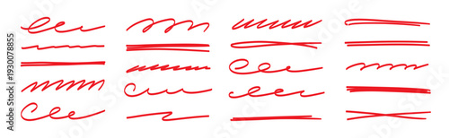 Red brush stroke underline collection. Marker pen highlight stroke pack. Vector swoosh brush underline set for accent, marker emphasis element. Vector illustration
