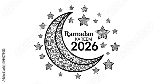 A decorative ramadan kareem greeting featuring a crescent moon and stars in monochrome silhouette high quality professional detailed