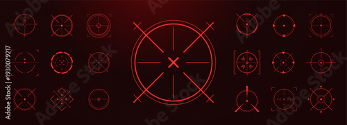 Futuristic Hud crosshair red. Tech asset or brain research with bullseye precision. Colorful buttons and exploding progress for vision and Sci Fi system exploration. Flat Vector illustration.