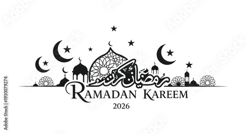 A decorative ramadan kareem design featuring a mosque crescent moons stars and arabic calligraphy silhouette high quality professional