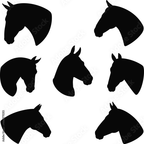 Horse head silhouette set collection, black animal profile vector illustration isolated on white background design