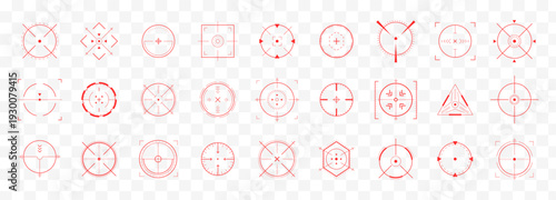 Dynamic Hud with red crosshair. Precise alignment for tech asset and bullseye focus. Colorful buttons and exploding clip art. Future vision with science and progress. UI Vector illustration.