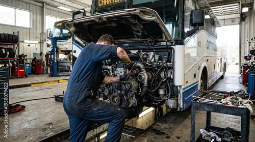 Worker Repairs Coach Bus Engine In Garage During D Delpmaspu