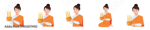 Buddhist woman holding candles with transparent background