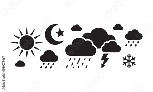 Weather forecast illustrations set with sun moon clouds and rain