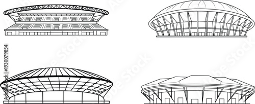 Contemporary stadium architecture set, modern sports arena exterior line art vector illustration isolated on white