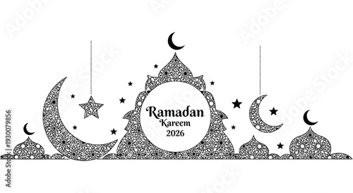 Intricate ramadan kareem design featuring crescent moons stars and a detailed circular pattern silhouette high quality professional modern