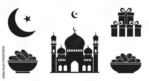 Islamic themed icons featuring a crescent moon mosque dates and gifts in silhouette high quality professional detailed modern