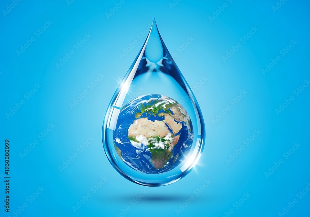 Obraz premium A stunning image of the earth inside a water droplet on blue background