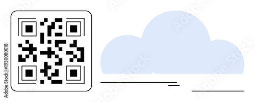 QR code next to a stylized cloud, illustrating data access, sharing, and online storage. Ideal for technology, cloud computing, digital marketing, connectivity, data security innovation and modern