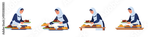 Muslim woman preparing traditional food on table