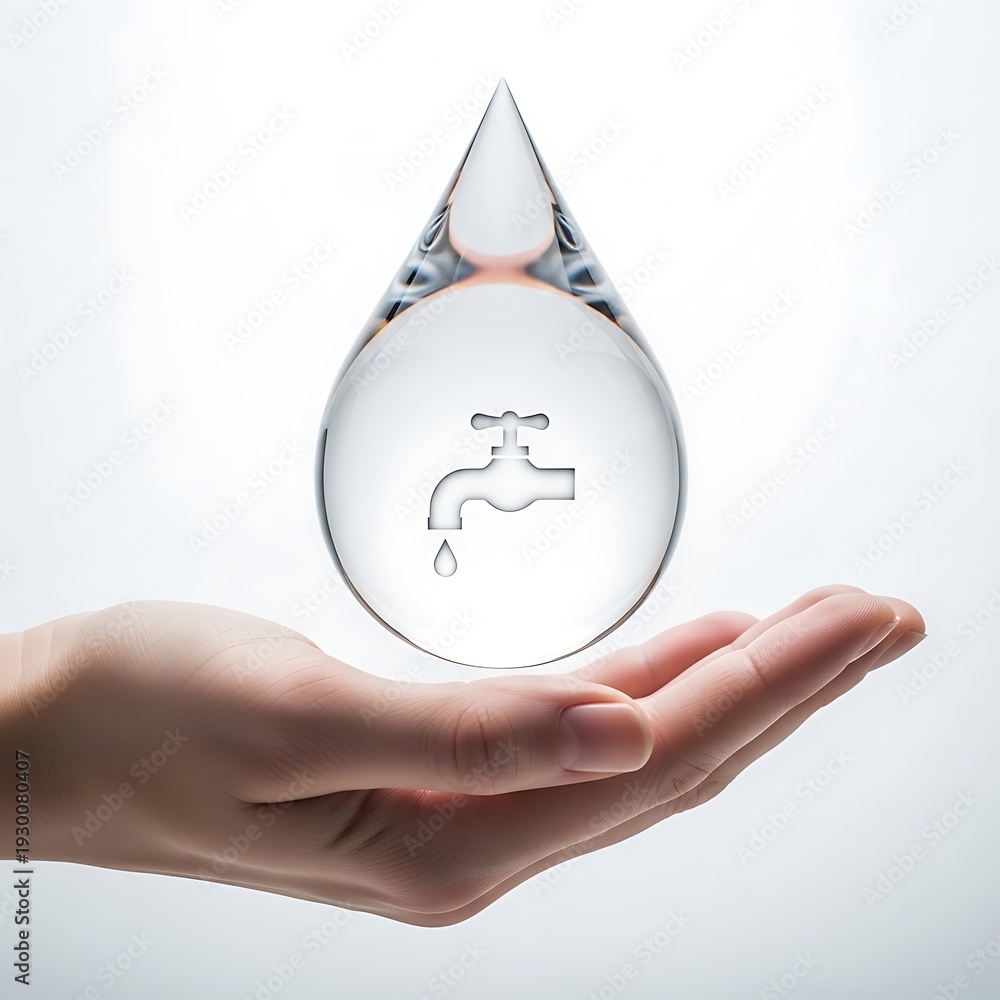 Obraz premium A hand holding a transparent water drop with a faucet icon inside