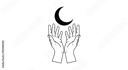 Two hands reaching upwards towards a crescent moon in a minimalist black outline silhouette high quality professional detailed