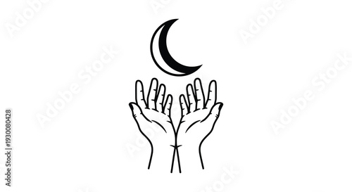 A minimalistic depiction of two hands reaching towards a crescent moon in stark contrast silhouette high quality professional