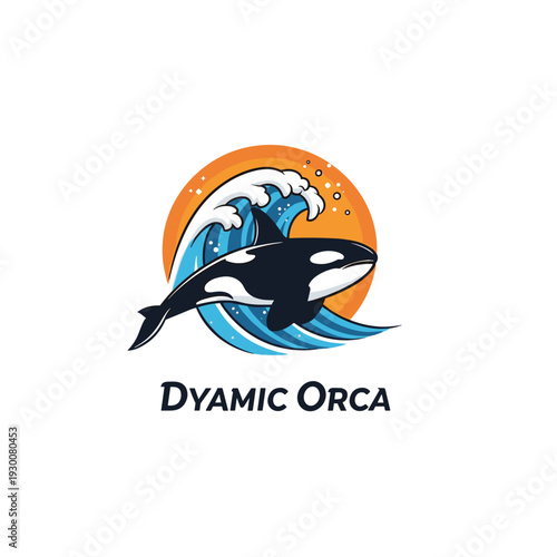 Orca killer whale jumping over ocean wave with orange sun backdrop