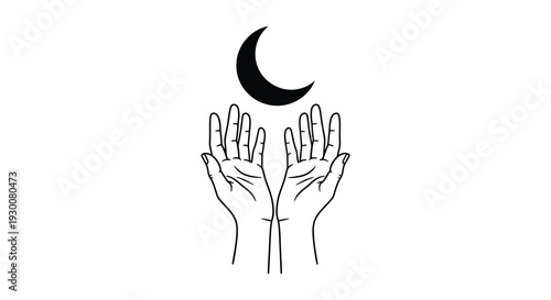 Two hands reaching upwards towards a crescent moon depicted in a stark black outline silhouette high quality professional