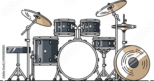 Complete musical drum set illustration featuring various percussion instruments and cymbals for live performances, rhythm practice, and entertainment concepts.