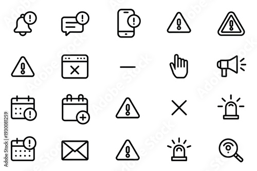 Alert and warning line icon collection with risk symbols, caution signs, exclamation marks and accident notification elements in minimal thin stroke vector design.