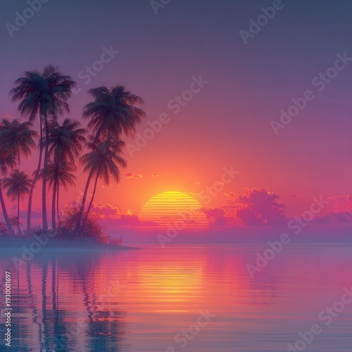 Tramonto tropicale vibrante con palme silhouette su isola nebbiosa riflessa nell'acqua calma.