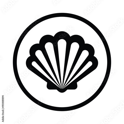 Vector illustration black silhouette of a seashell icon in a circular frame on a isolated
