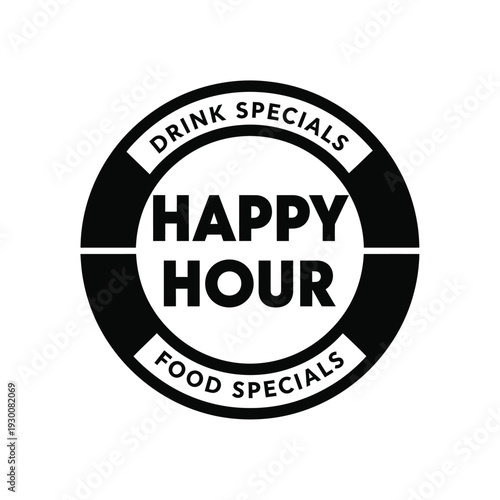 Vector illustration happy hour logo with drink and food specials in a circular design