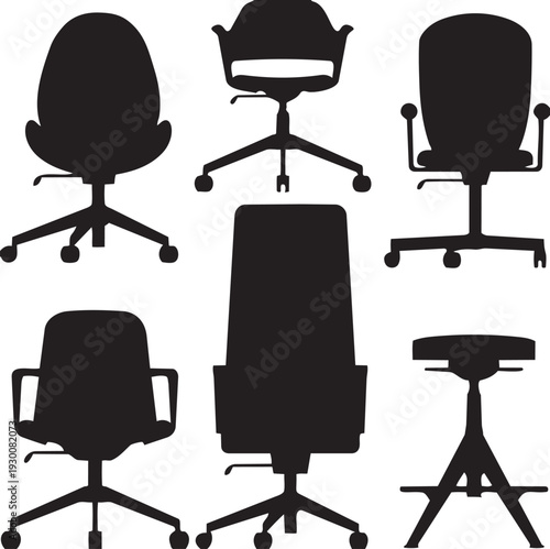 Office Chair Selection: An assortment of modern office chairs in striking black silhouettes, presented against a clean backdrop.