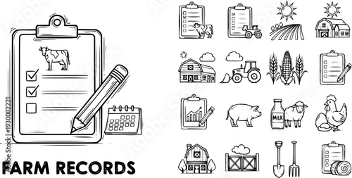 Hand-Drawn Farm Records Concept with Clipboard, Cow  Pencil, Plus a Collection of Agriculture and Farming Icons in Sketch Style