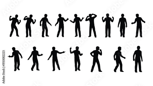 A group of people doing various dance moves in silhouette isolated on white background, Vector