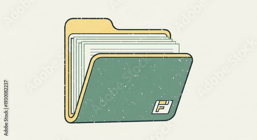 Green file folder with yellow edges and white papers office organization concept