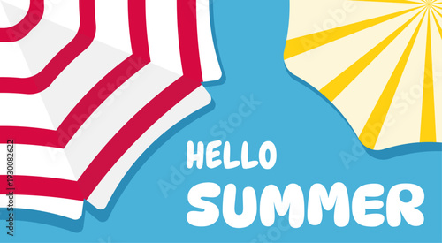 Hello summer background with colorful striped beach umbrellas