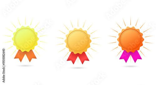 Golden award badges set with colorful ribbons