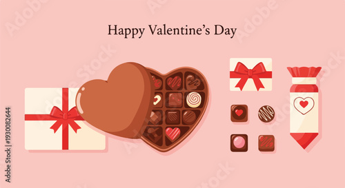 Happy Valentine's Day greeting card with chocolates and gifts