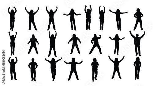 A group of people in different poses with their arms raised isolated on white background, Vector