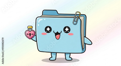 Cute blue folder character holding heart shaped perfume bottle with joyful expression on pastel background
