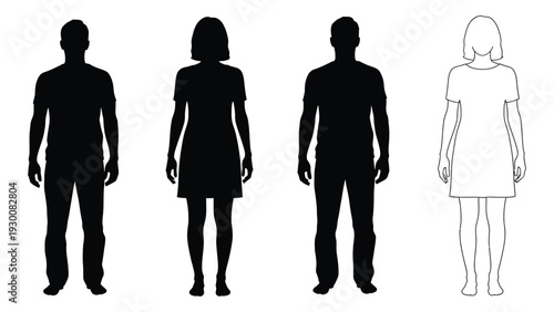Four silhouettes of people in different poses isolated on white background, Vector