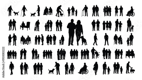 A large collection of human and animal silhouettes in various poses isolated on white background, Vector