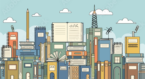 Illustration of a city with buildings made of books and notebooks