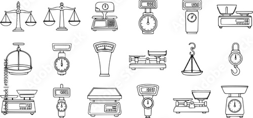 Detailed collection of weighing scales and balances line art icons. Includes vintage beam scales, modern digital scales, spring scales, and hanging scales for measurement.