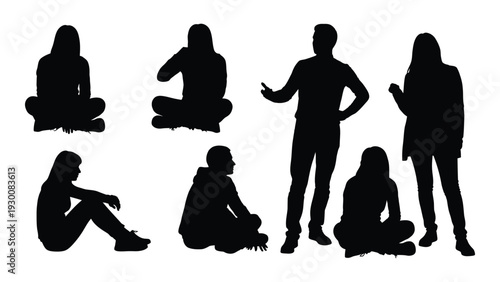 A group of people in different sitting and standing positions isolated on white background, Vector