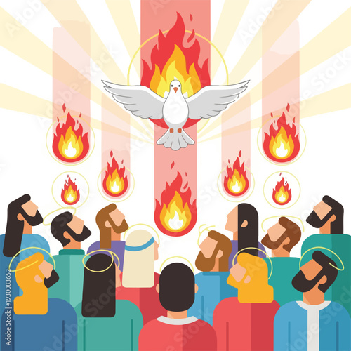 Illustration of a dove descending upon a crowd, with flames and light