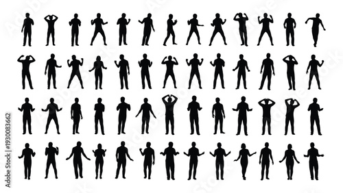 A collection of 40 black silhouettes of people in various poses isolated on white background, Vector