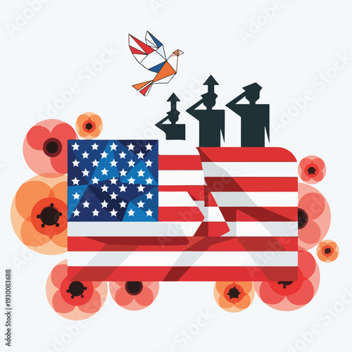 Illustration of a dove, flag, soldiers saluting, and poppies
