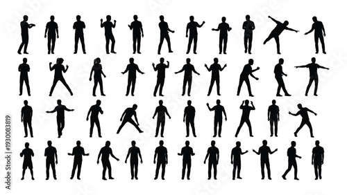 Collection of black silhouettes of people in various poses isolated on white background, Vector