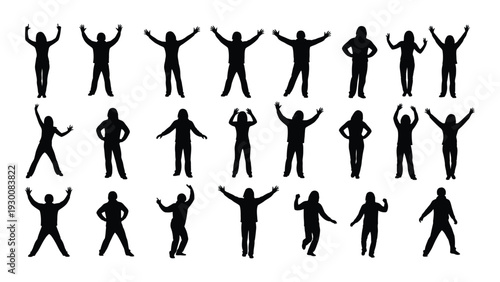 Collection of black silhouettes of people in various celebratory poses isolated on white background, Vector