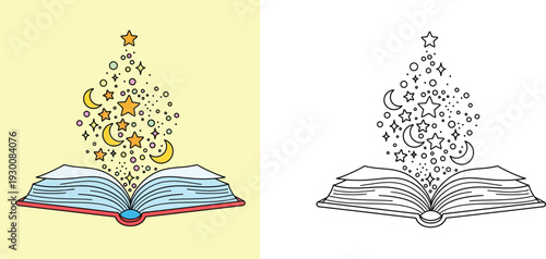 Open Magical Book Illustration with Rising Stars and Moons, Fairy Tale Storybook Concept for Kids Education and Creative Reading, Colored and Black and White Line Art Vector Set