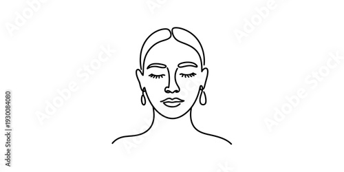 Minimalist line art illustration of a woman face with closed eyes and elegant earrings Vector, illustration