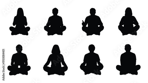 A group of people sitting in meditation on a white background isolated on white background, Vector
