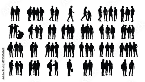 Collection of various human silhouettes in different poses and actions isolated on white background, Vector